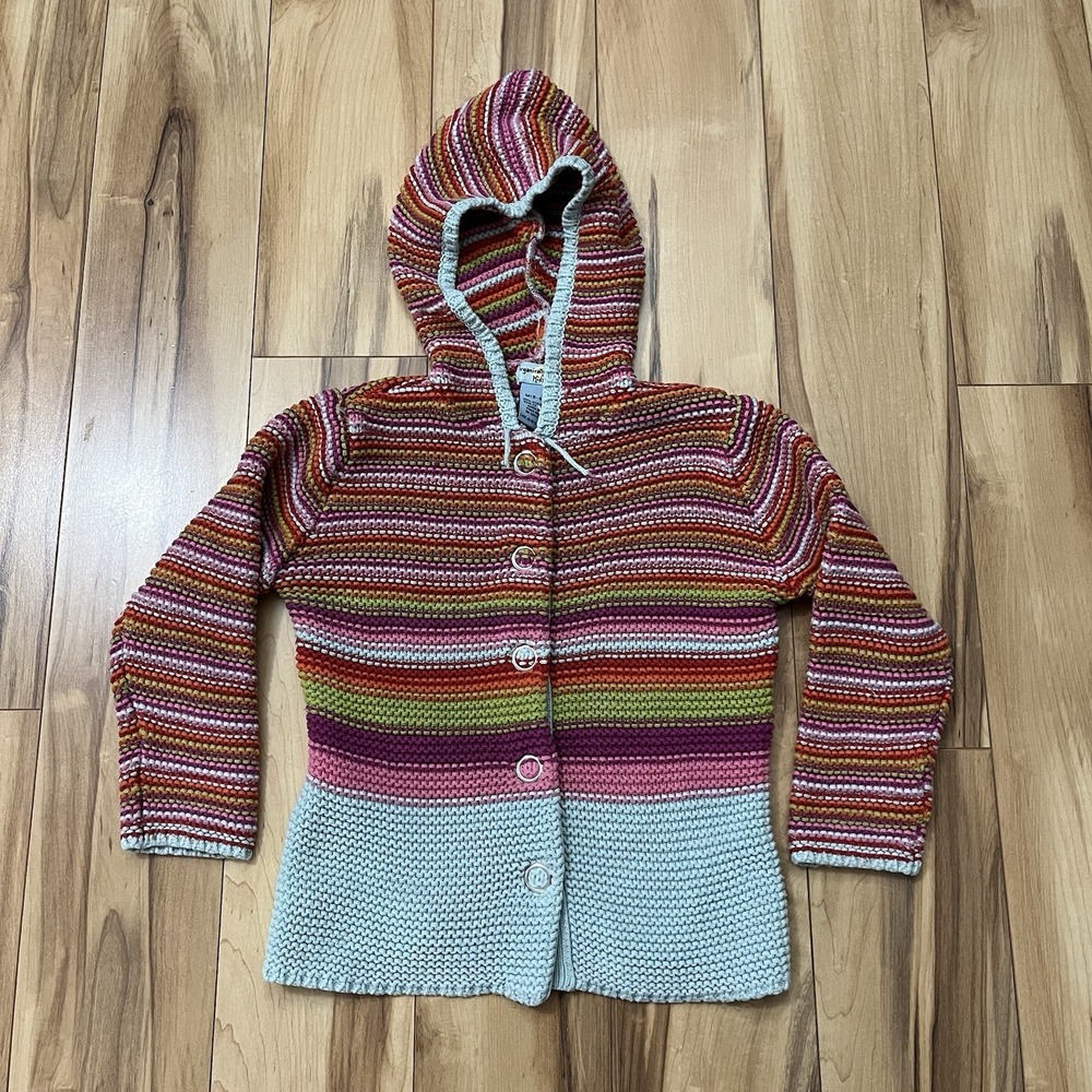 Organically Grown Multicolor Striped Knit Sweater Girls 5-6 Hooded Snap Front